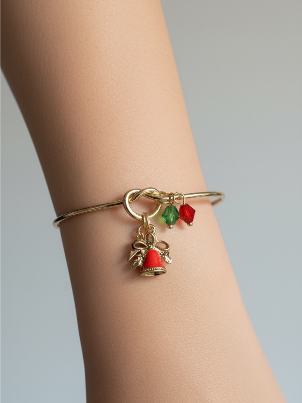 9/9 Gold-Tone Holiday Bell Charm Bangle Bracelet with Red and Green Beads